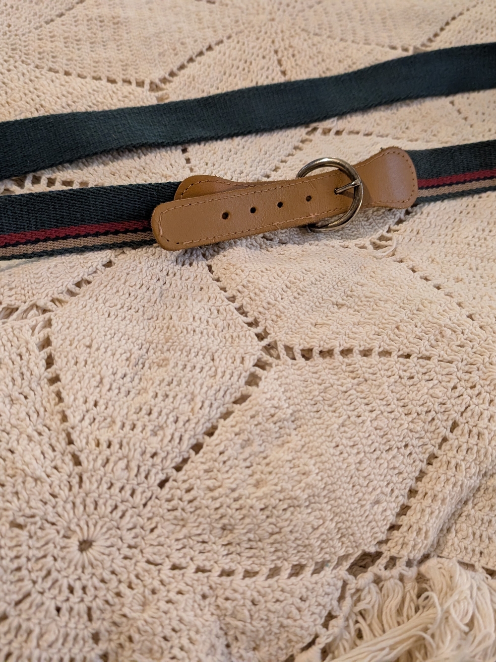Vintage Forest Green Genuine Leather Tan Stripe Adjustable Webbing Belt Women's